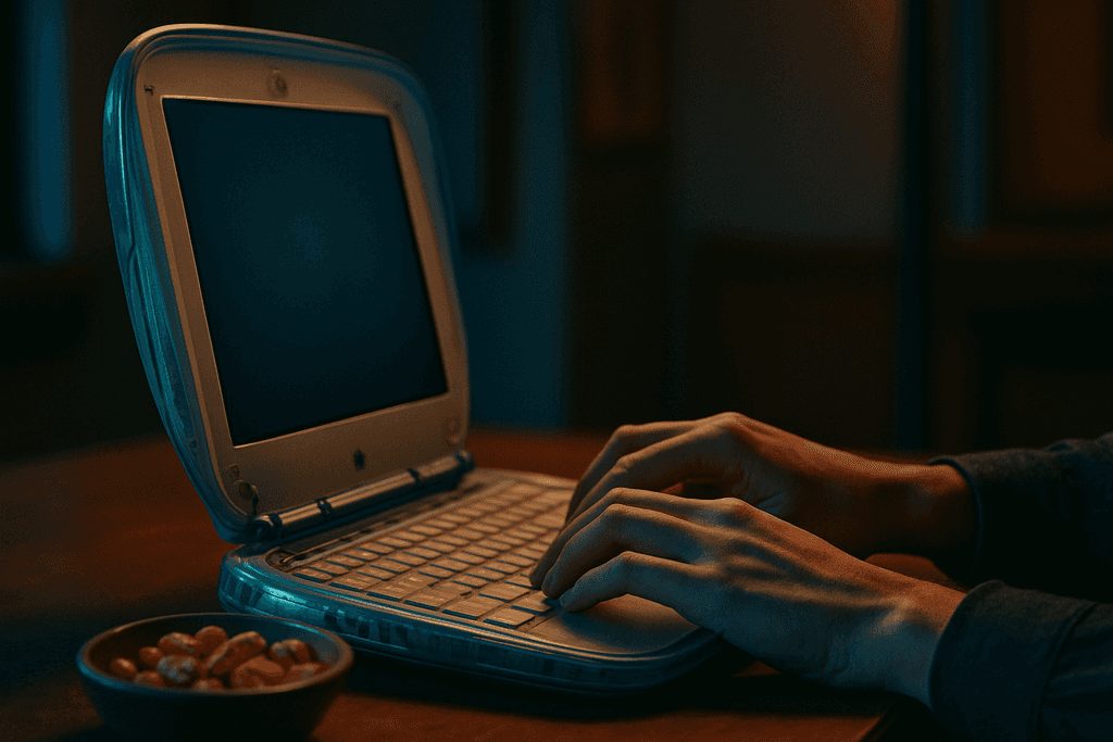Un portátil abierto sobre una mesa de trabajo